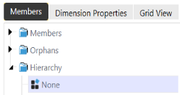 The Members tab has a blue background with white text and a list on the left side with options to view dimensions. Each option an arrow to the left that can be expanded. In this example, Hierarchy is expanded to show None and Models. None is selected.